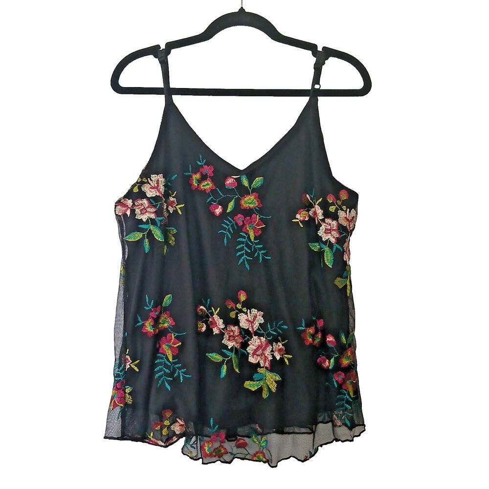 Willow Young Contemporary Floral Embroidered Mesh Cami Top Black XL Boho #913